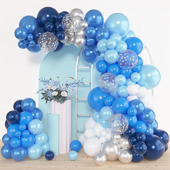 Amandir 134Pcs Blue Balloons Arch Garland Kit, Different Sizes 12 10 5 inch Navy Royal Light Blue Latex Confetti Balloons for Boys Birthday Baby Shower Winter Wonderland Graduation Party Decorations