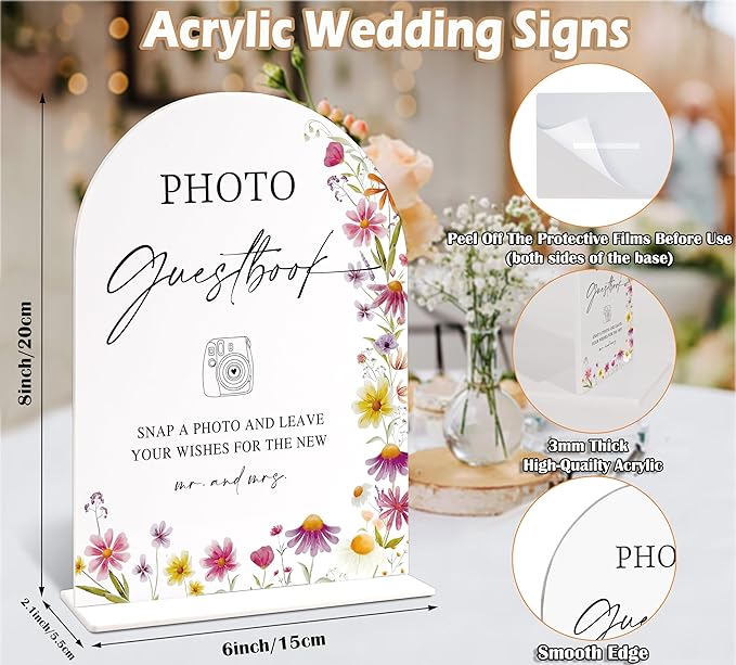 Photo Guest Book Sign for Wedding Table Decor, Wild Flower Arch Acrylic Wedding Signs for Reception, Love Is In Bloom Bridal Shower Floral Engagement Party Decorations, 6x8 Inch