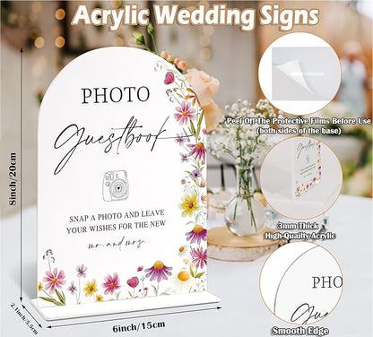 Photo Guest Book Sign for Wedding Table Decor, Wild Flower Arch Acrylic Wedding Signs for Reception, Love Is In Bloom Bridal Shower Floral Engagement Party Decorations, 6x8 Inch