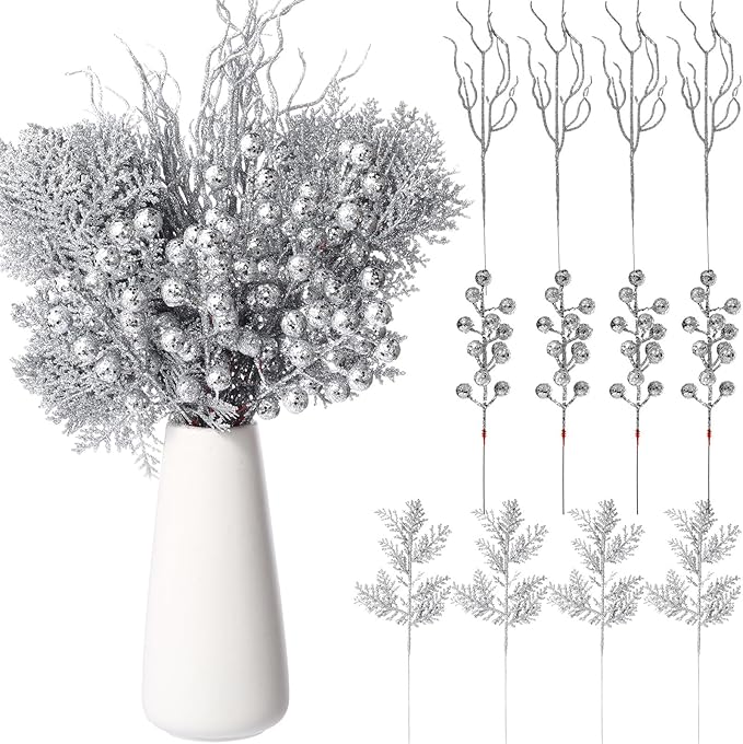 75 Pcs Christmas Glitter Branches 3 Styles Artificial Christmas Picks Berries Stems Pine Needles Floral Twig Spray for Xmas Tree Ornaments DIY Wreath Garland(Silver)