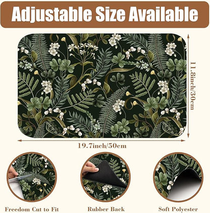 White Flowers and Berries Coffee Mat Fern and Leaves Dish Drying Mat Absorbent Hide Stain Rubber Backed Coffee Bar Accessories Fit Under Espresso Machine Dish Drainer, 11.8 x 19.7 Inch
