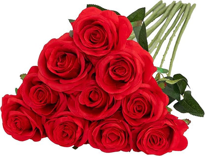 Nubry Artificial Silk Rose Flower Bouquet Lifelike Fake Rose for Wedding Home Party Decoration Event Gift 10pcs (Red)