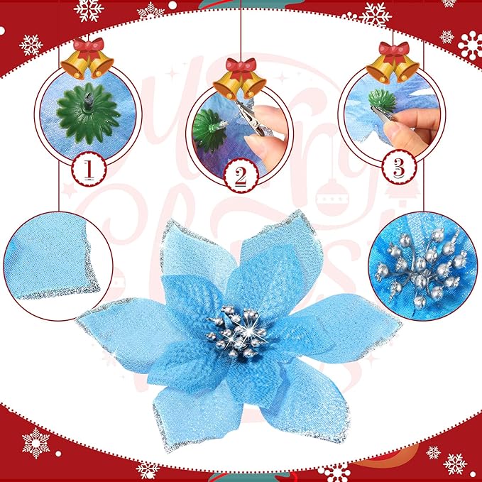 WILLBOND 24 Pcs 3 Size Poinsettia Flower Artificial Christmas Decor Glitter Poinsettia Christmas Ornaments Faux Flowers for Xmas Tree Outdoor(4/6/7.9 Inches,Lake Blue)
