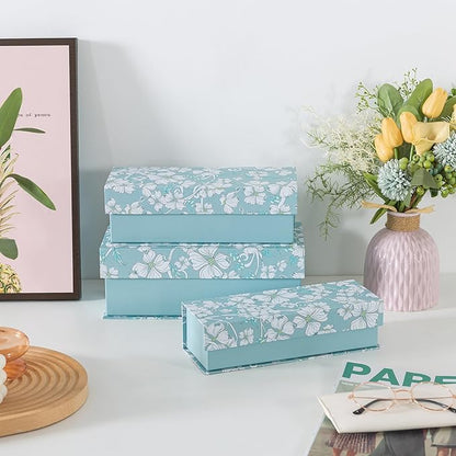 Soul & Lane Decorative Storage Boxes with Lids, Set of 3 Cardboard Boxes for Home Décor and Documents, Memory Organizers for Keepsakes with Magnetic Closure, Photo Storage, Blue Botanical