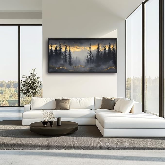 Misty Forests Large Decor Framed Wall Art Gold and Black Pictures for Living Room, Foggy Forest Landscape Oversized Canvas Print Painting Modern Extra Large Framed Artwork for Bedroom Office 60"x30"