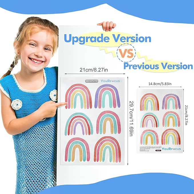 Watercolor Rainbow Wall Decals for Girls Bedroom 36 Pcs, Rainbow Stickers Bigger Size for Wall Mural Vinyl Peel and Stick DIY Decorations (6 Sheets)