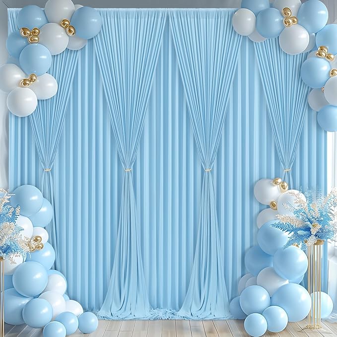 Blue Backdrop Curtains 4 Panels - Wrinkle-Free Light Blue Curtains Polyester Photography Drapes Photo Background for Baby Shower Birthday Party Decorations- 16 X10FT (Blue)