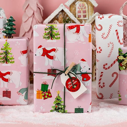 MAYPLUSS Christmas Wrapping Paper Roll - 17IN X 33FT - Pink Gift Wrap Paper Featuring Christmas Tree Polar Bear Scarf Hat Reversible Candy Cane for Kids, Holiday, New Year
