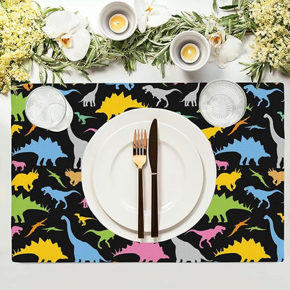 Colorful Dinosaur Placemats Set of 4, 12x18 Inch Non-Slip Washable Heat Resistant Linen Fabric Table Mats,Place Mats for Holiday Party