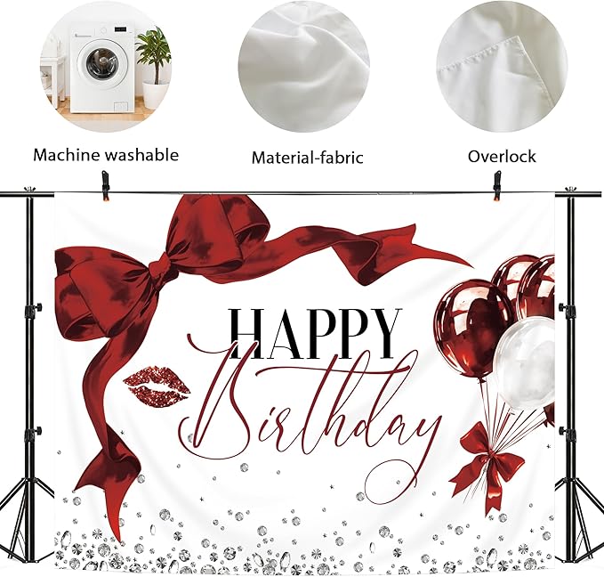 Burgundy Bow Backdrop 8Wx6H Photography Girls Coquette Happy Birthday Decorations Lips Diamond Balloons Background Women Bachelorette Party Decorations Banner Photo Booth Props Supplies