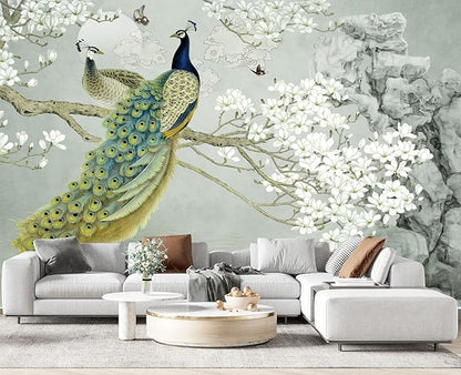 Magnolia Flower Peacock Chinoiserie Wallpaper for Bedroom 103" x 69"