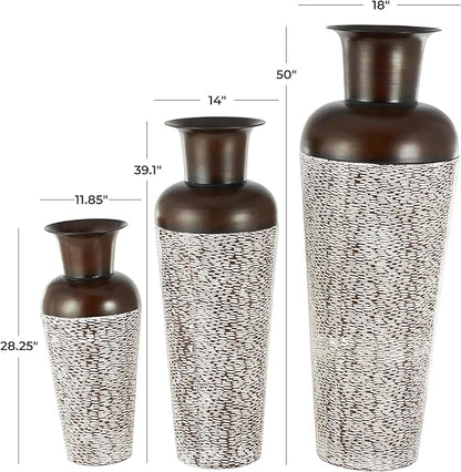 Deco 79 Metal Decorative Vase Tall Spotted Tapered Floor Centerpiece Vases with Brown Trumpet Tops, Set of 3 Flower Vases for Home Decoration 18", 39", 28" H, White