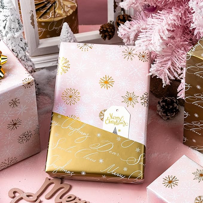 Yarcony Pink Christmas Wrapping Paper Roll, Gold Snowflakes Wrapping Paper, Reversible Pastel Winter Snowflake Theme Christmas Gift Wrap for Holiday Present, Gift Packaging, Party(17Inch x 33Feet)