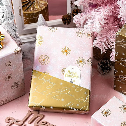 Yarcony Pink Christmas Wrapping Paper Roll, Gold Snowflakes Wrapping Paper, Reversible Pastel Winter Snowflake Theme Christmas Gift Wrap for Holiday Present, Gift Packaging, Party(17Inch x 33Feet)