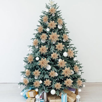 Boao Champagne 24 Pieces Poinsettia Flower Christmas Glitter Artificial Poinsettia with Clips Christmas Tree Ornament Decorations for DIY Xmas Wreath Holiday Home Party Decor, 3/4/6 Inches