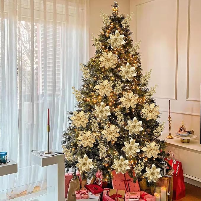 22 Pcs Gold Poinsettia Artificial Flowers and Glitter Berries Stems Kit, Christmas Poinsettias Decorations and Tree Ornaments for Xmas Home Wedding Holiday Decor