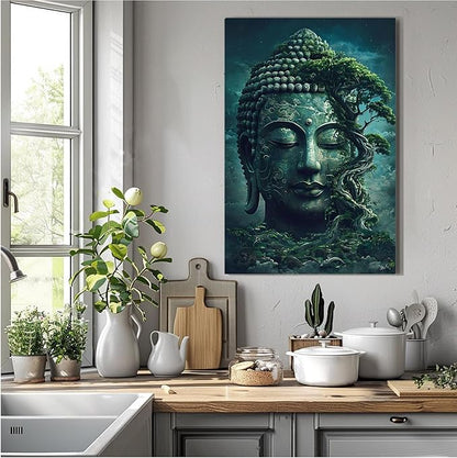 Buddha statue wall art canvas wall decor aesthetic picture mystical nature art for tranquil home and spiritual space 24x36in Frameless