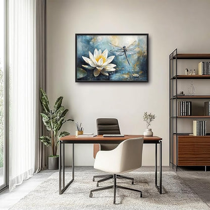 Extra Large Lotus Dragonfly Framed Wall Art for Living Room,Abstract Blue Lotus Flower Lake Pictures Wall Decor,Nature Canvas Print Painting Modern Artwork Bedroom Office Bathroom 36L x 24W
