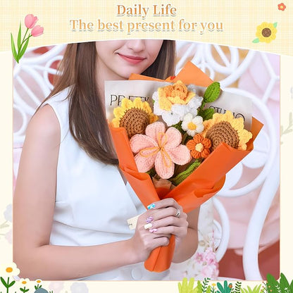 Crochet Flower Bouquet Handmade Crochet Flowers Gifts, Crochet Tulips Sunflowers Roses 7Pcs for Mothers Day Weddings Birthdays Home Decor Ideal for Women Moms Wife Friends(Orange)