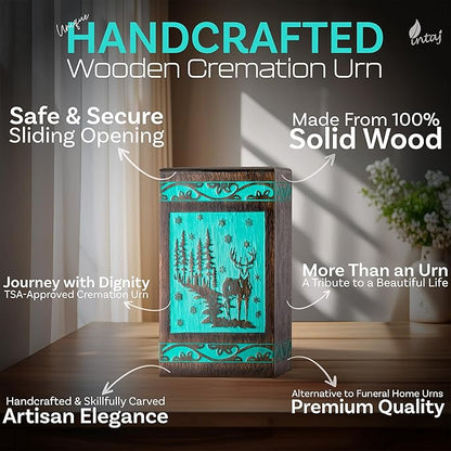 INTAJ Handcarved Rosewood Teal Green Deer Urn for Human Ashes Adult Male Female - 180 lbs Forest Wooden Cremation Urn Box Suitable for Burial Funeral Decorative Wildlife Memorial Casket