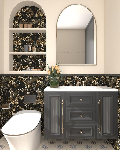 Black Floral Wallpaper Classic Leaves Wall Paper 17.4" x 118" Dark Moody Contact Paper Vintage Chinoiserie Watercolor Self Adhesive Covering for Bedroom Bathroom Cabinet Home Decor Beige Gold