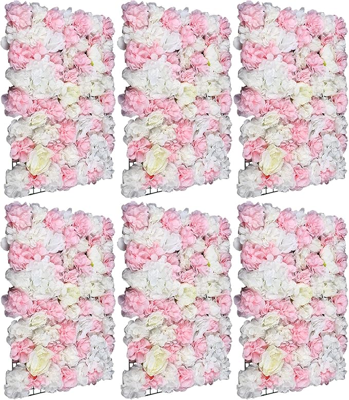 Eapmic 6Pcs 23.62"x 15.74"x 0.79" Artificial Flower Wall Panels,Flower Wall Mat Silk Flower Panels for Outdoor Garden Backyard Fence Fence Privacy Screen and Indoor Wall Decor(White+Pink)