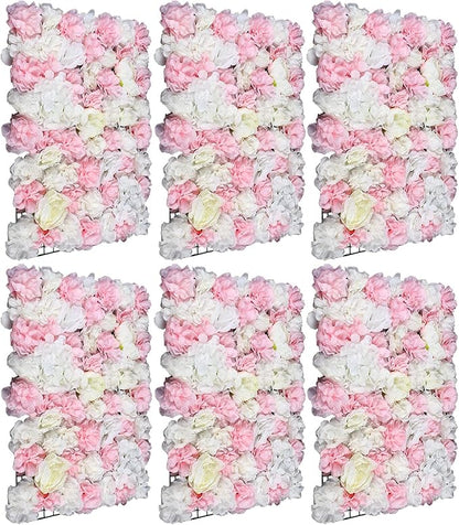 Eapmic 6Pcs 23.62"x 15.74"x 0.79" Artificial Flower Wall Panels,Flower Wall Mat Silk Flower Panels for Outdoor Garden Backyard Fence Fence Privacy Screen and Indoor Wall Decor(White+Pink)