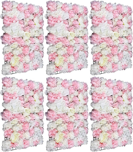 Eapmic 6Pcs 23.62"x 15.74"x 0.79" Artificial Flower Wall Panels,Flower Wall Mat Silk Flower Panels for Outdoor Garden Backyard Fence Fence Privacy Screen and Indoor Wall Decor(White+Pink)