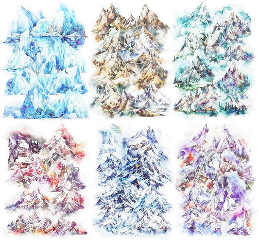 60 Pcs Mountain Holographic PET Stickers Set, Landscape Stickers for Scrapbooking, Journaling and DIY Crafts