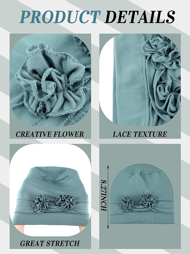 JenPen 6 Pcs Chemo Headwear for Women Stretchy Soft Turbans for Cancer Solid Beanie Flower Chemo Caps for Hair Loss