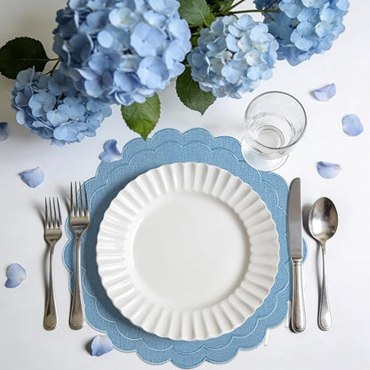 Set of 6 Blue Cotton Linen Placemats, 15x15 Scalloped Flower Embroidery Cloth Table Mats Double Layered Fabric Machine Washable Wrinkle Free Dining Placemat for Hotel Restaurant Kitchen Decor
