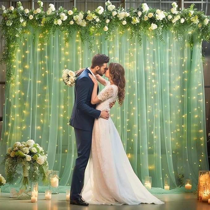 30x8ft Olive Green Tulle Backdrop Curtain with Lights String for Parites, Sheer Backdrop Curtains for Wedding Baby Shower Birthday Party Photo Shoot Decorations