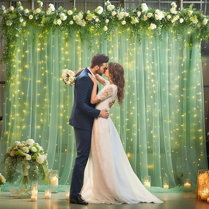 10x10ft Olive Green Tulle Backdrop Curtain with Lights String for Parites, Sheer Backdrop Curtains for Christmas Wedding Baby Shower Birthday Party Photo Shoot Decorations