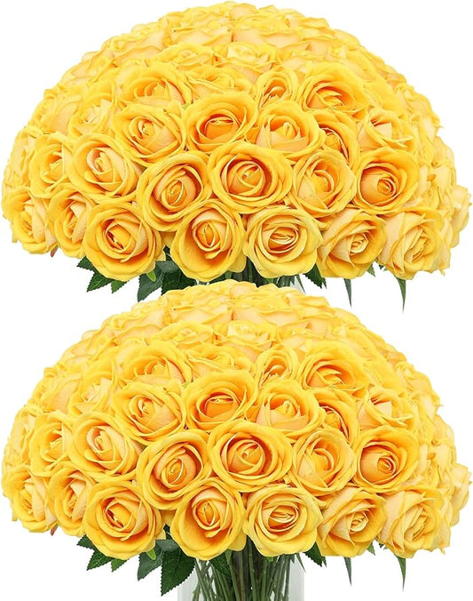 LFF 50Pcs Yellow Roses Artificial Flowers with Long Stems, Realistic Velvet Faux Roses in Bulk, Wedding Bouquet, DIY Floral Arrangement for Home/Wedding/Proposal Ceremony Decoration(Yellow)