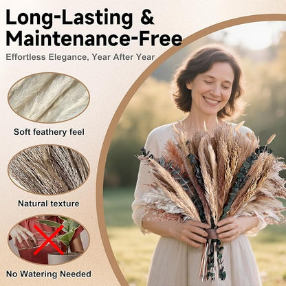 Pampas Grass Boho Home Decor 71PCS 17 inch Natural Dried Flowers for Vase Eucalyptus Stems Pompas Dried Flowers Bouquet DIY Arrangements Boho Wedding Bedroom Tables Decoration
