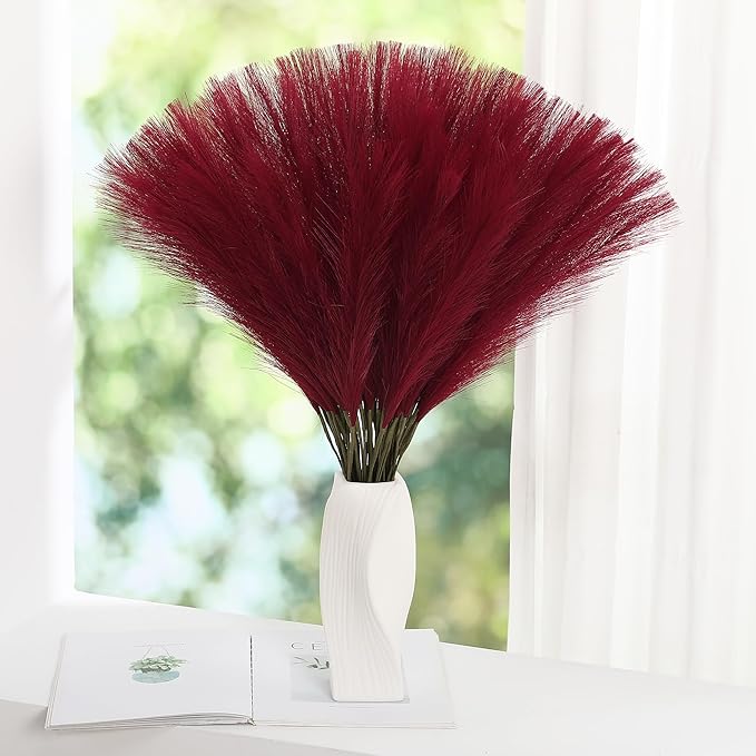 Faux Burgundy Pampas Grass - 30pcs 24 Inch Artificial Pampas Grass Decor Tall, Fake Pompas Grass for Vase Filler, Table Centerpieces, Wedding, Party and Home Decor (Burgundy, 60 Pieces)