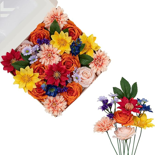 FANKO Artificial Flowers Mixed Rainbow Combo, Fake Silk Rose Flowers Orange & Champagne Roses, Pink Dahlia for DIY Wedding Bridal Bouquets/Centerpieces/Home