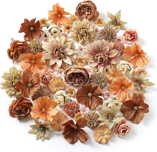 Fake Flower Heads Bulk - Coffee Silk Daisy & Rose Fall Artificial Flower for Crafts, DIY, Graduation Cap, Wedding, Party, Cake Topper, Home Garland Decor