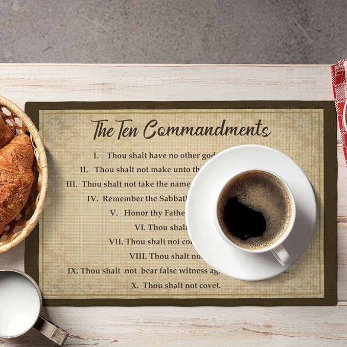 10 Commandments Placemats Set of 6, Ten Commandments Christian Religious Bible Verse Place Mats Washable Double-Sided Table Mats for Kitchen Dining Room Home Party Indoor Decor 6 PCS 12x18 Inch