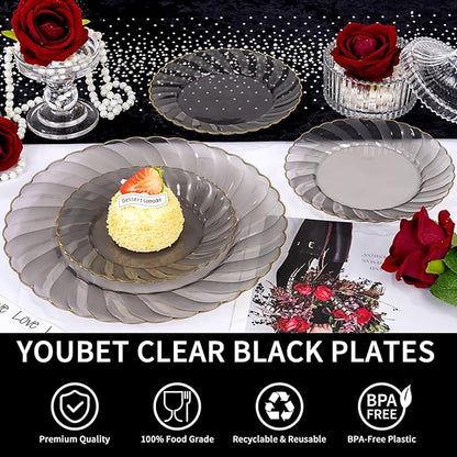 YOUBET 125PCS Clear Black Plastic Plates - Black and Gold Disposable Plates Include 50 Plate, 75 Gold Silverware for Wedding & Party & Birthday New Year