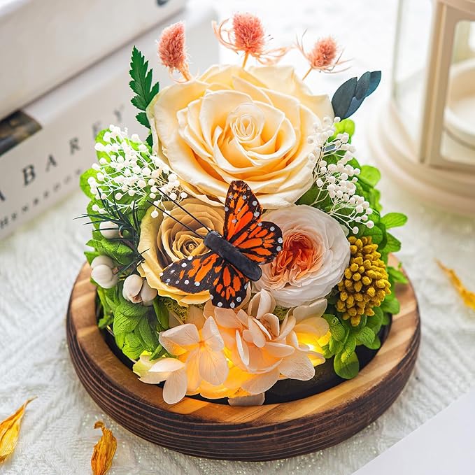 Large Preserved Flowers with Card-Flowers for Delivery Prime,Eternal Rose with Lights,Roses in Glass Dome,Romantic Gift for Her,Decoration, Fresh Rose Flowers for Mom, Birthday, Anniversary(Yellow)