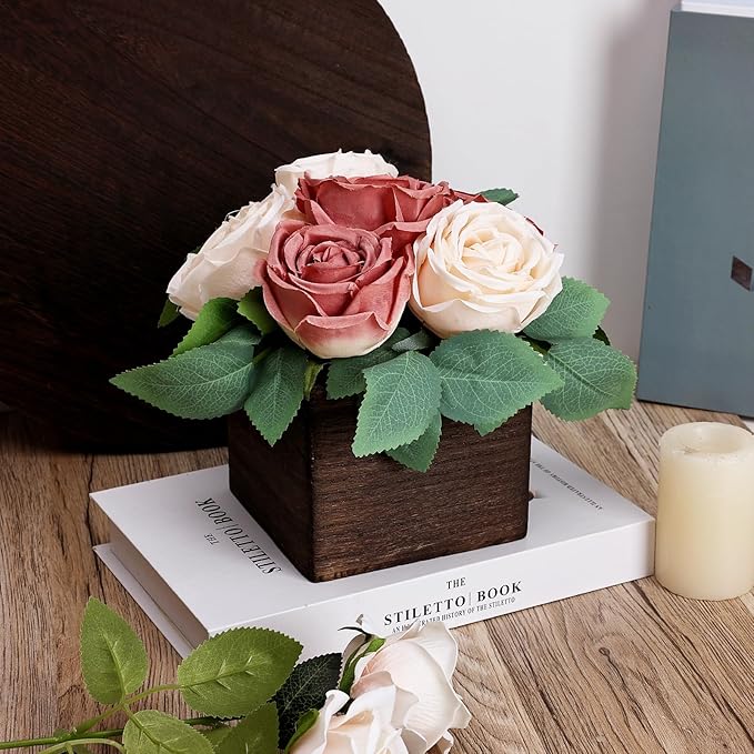 Dining Table Centerpiece Set of 6 - Pre-Made Aritifial Rose with Wooden Vase Fake Floral Arrangment Faux Flower for Wedding Bridal Tea Party Event Decorations - Dusty Pink & Champagne