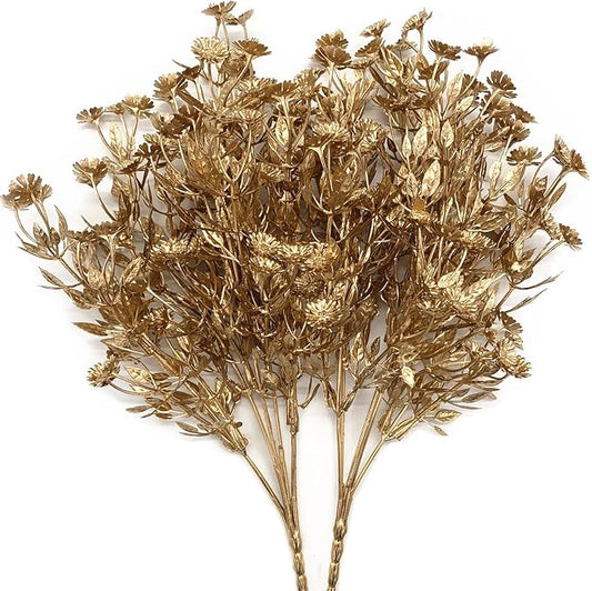 Artificial Plants for Christmas Decor, Plastic Golden Daisy leaves Faux Shrubs Simulation Flower Indoor Outdoor Home Garden Planter Filler Party Hotel Verandah Wedding DIY Decoration - Gold 2 Pack