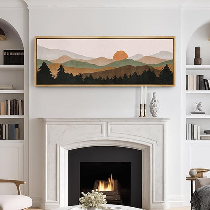 SIGNFORD Large Framed Canvas Print Wall Art Abstract Mountain Contours Sunset Landscape Illustrations Modern Art Relax/Calm Warm for Living Room, Bedroom, Office - 60"x20"