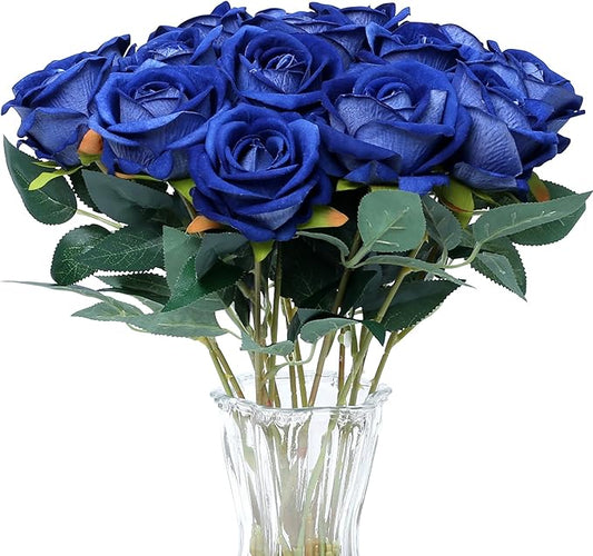 SITUMEIZI 15PCS Blue Artificial Roses Silk Flowers Fake Roses Realistic Bouquet Long Stem with Gift Box for Mother's Gift Day Home Party Wedding Decorations