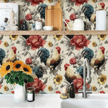 Floral Peel and Stick Vintage Animal Contact Paper Sunflower Rooster Removable Botanical Leaf Wallpaper 17.7" x 236.22" Wall Paper Watercolor Self Adhesive for Farm Bedroom laundry room bathroom