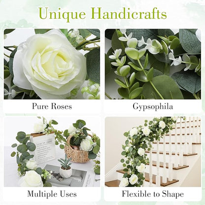 3 Pcs Total 18Ft Artificial Eucalyptus Flower Garland, Faux Eucalyptus Garland with White Roses Fake Flowers Vines for Centerpiece, Wedding, Party, Table, Background, Arch, Indoor Outdoor Decor