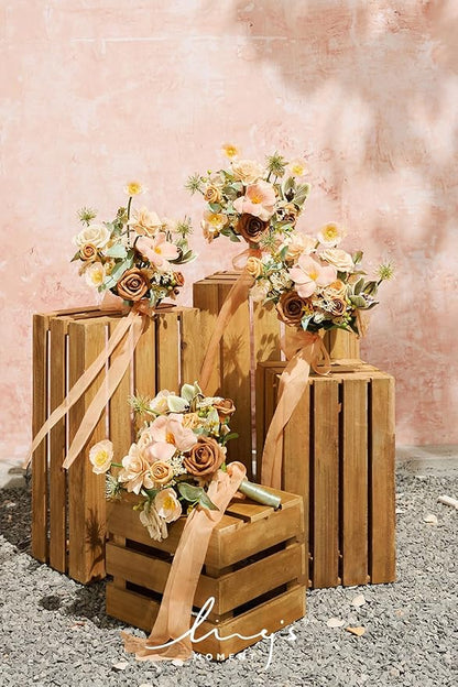 Ling's moment Artificial Flowers Apricot and Peach Bridesmaid Bouquet Set of 4, Peach Wedding Flowers Bouquets for Bridesmaids, 7 Inch Bridal Bouquets for Bridesmaids, Wedding, etc