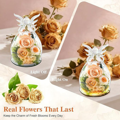 Preserved Rose Christmas Gifts for Women, Forever Flower in Glass Fresh Flowers for Delivery, Real Rose Angel Figurine Decor for Mom, Grandma, Mother’s Day, Valentine’s Day, Birthday, Xmas Gift