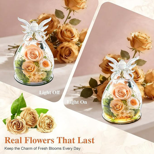 Preserved Rose Christmas Gifts for Women, Forever Flower in Glass Fresh Flowers for Delivery, Real Rose Angel Figurine Decor for Mom, Grandma, Mother’s Day, Valentine’s Day, Birthday, Xmas Gift